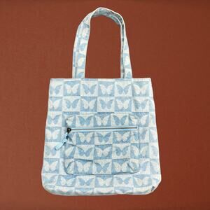 Y2K blue denim checkerboard butterfly tote bag, bratz bling 2000s babygirl